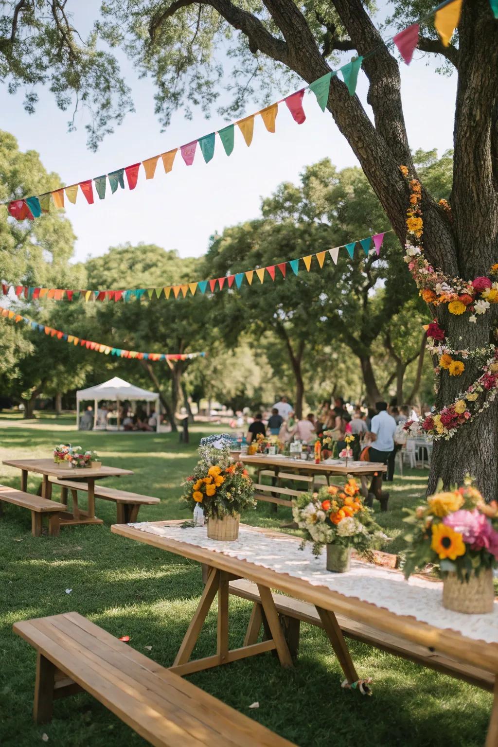 Floral wreaths and wooden focal points amplify the surrounding natural beauty.