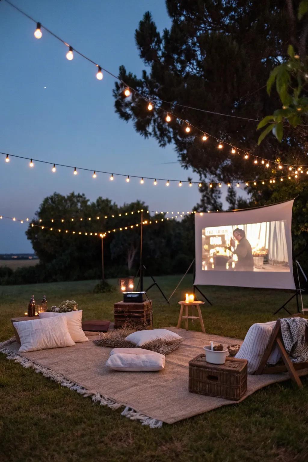 A welcoming alfresco movie ambiance accentuated by twinkling fairy lights and comfortable seating arrangements.