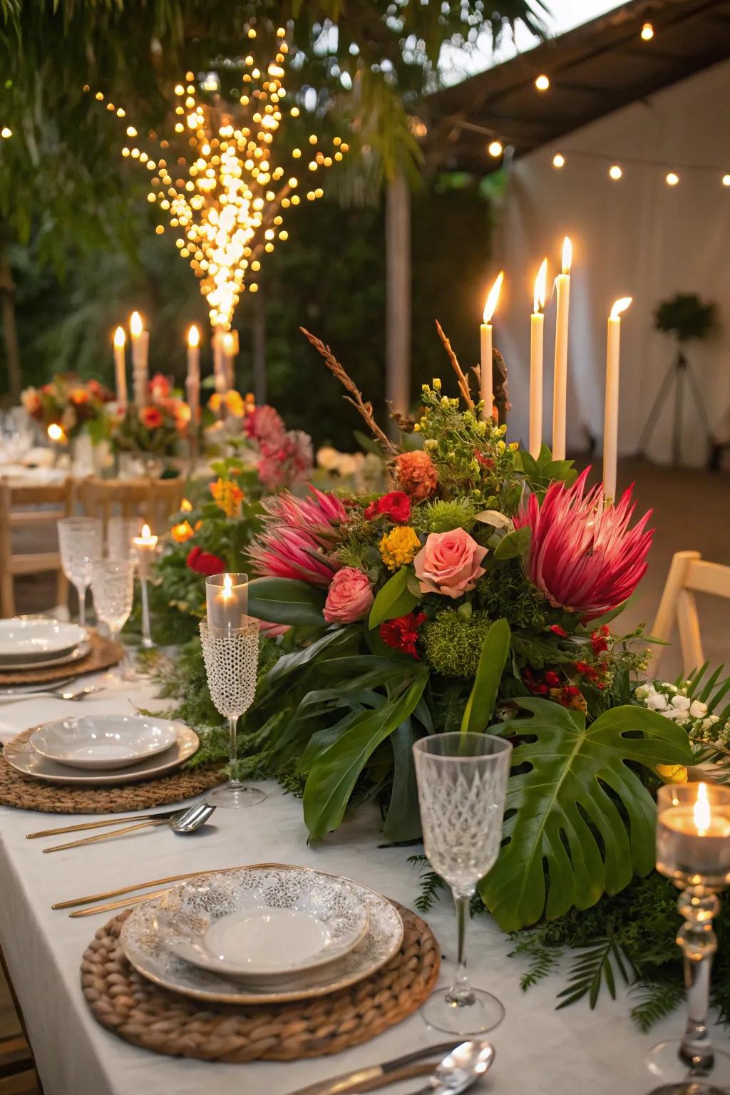 Dynamic floral arrangements injecting bursts of color into a party table