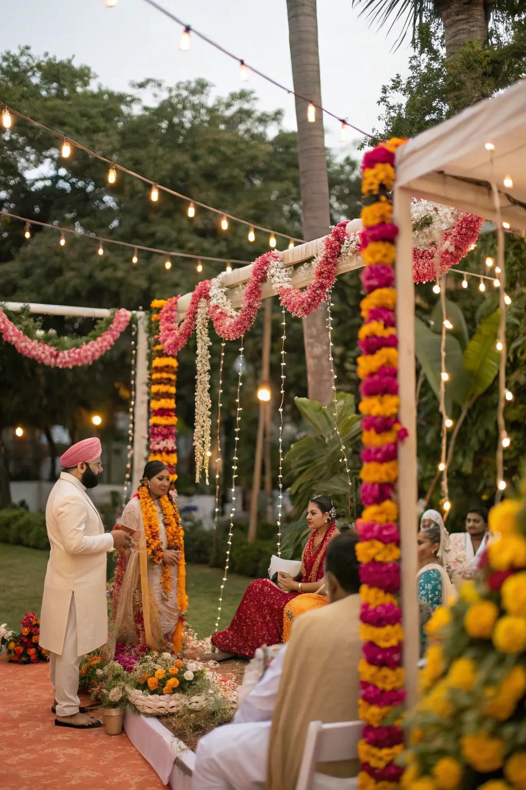 Flower wreaths contributing a celebratory feeling to a rice-feeding event.