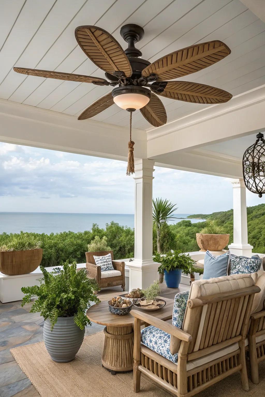 A nautical-themed patio highlighting a ceiling fan adorned with rope accents.
