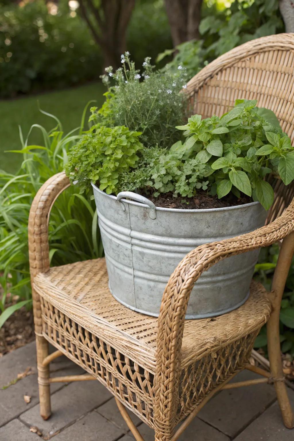 Repurposed wicker chair herb garden.
