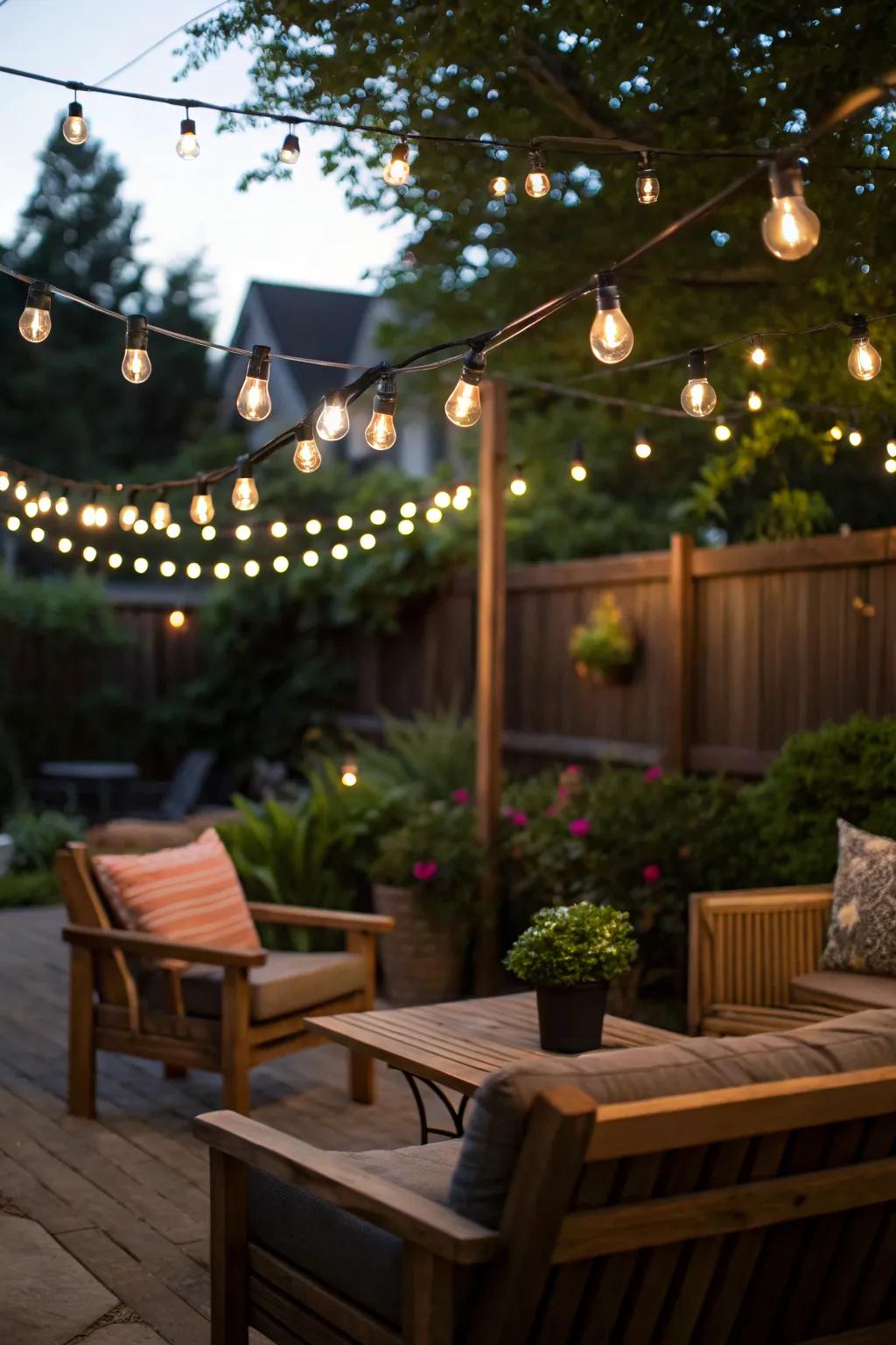 A patio radiating with strand lights draped over an inviting seating space.