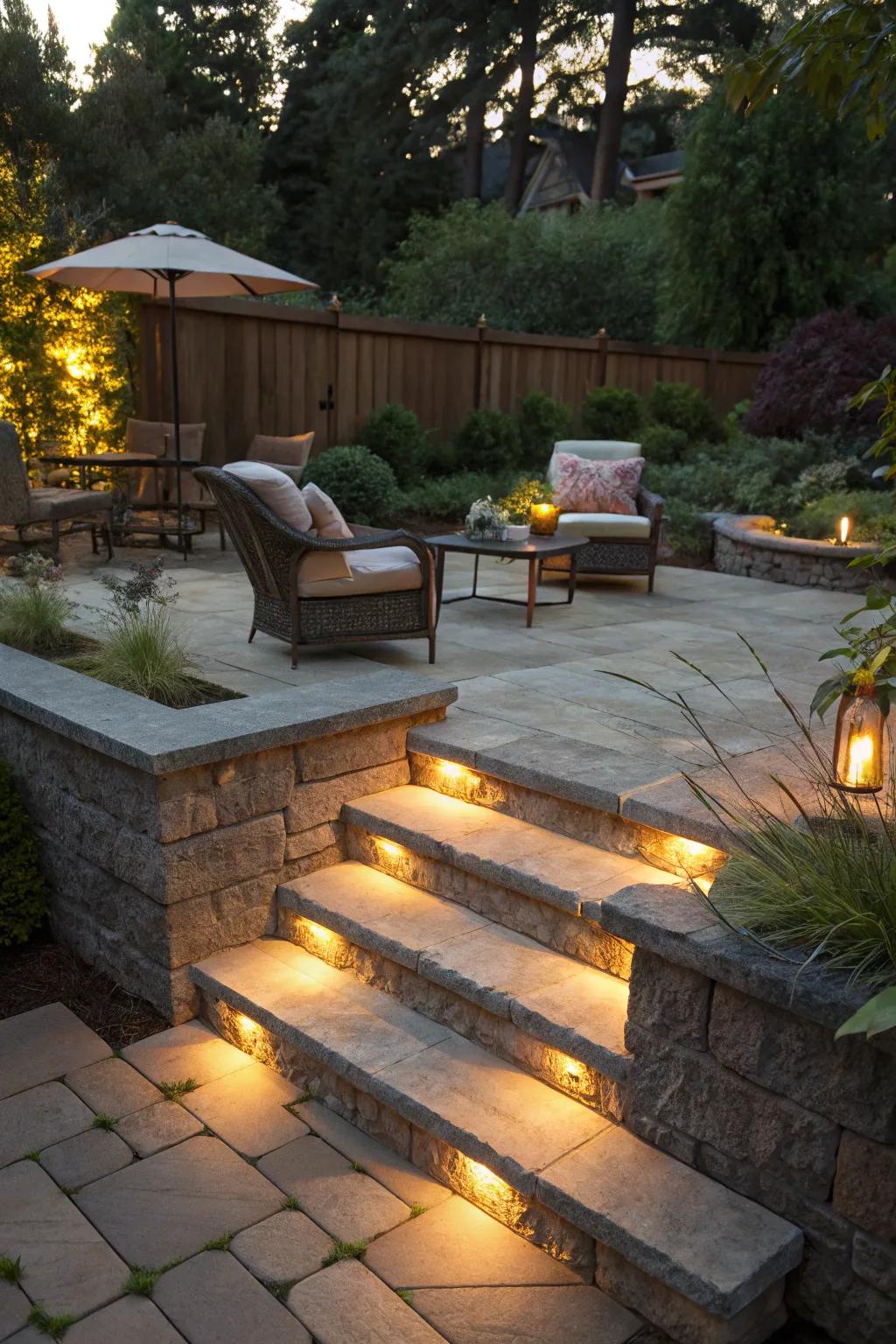 Built-in lighting creates a magical evening setting.