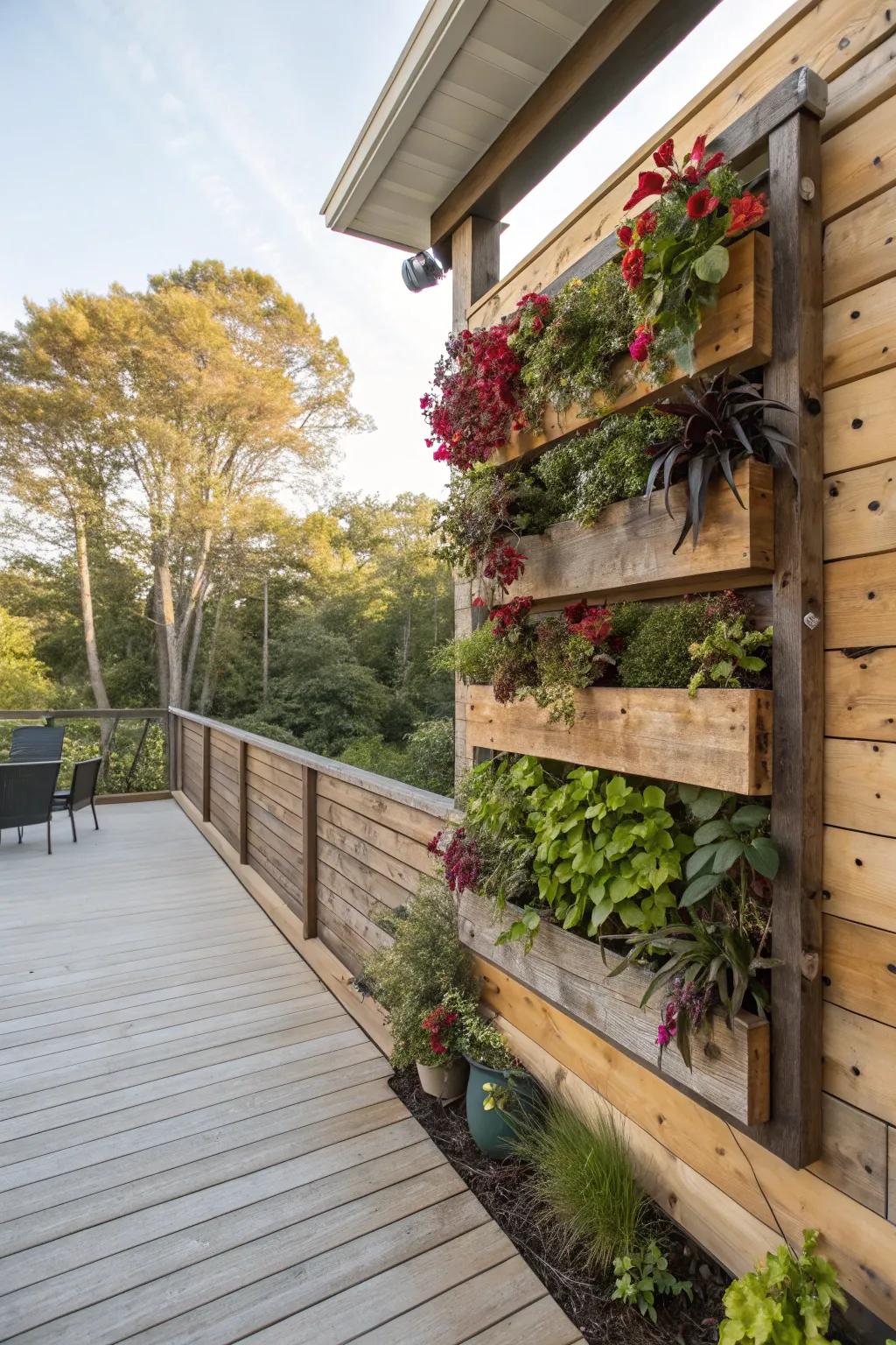 A lively vertical garden situated on a wooden wall.
