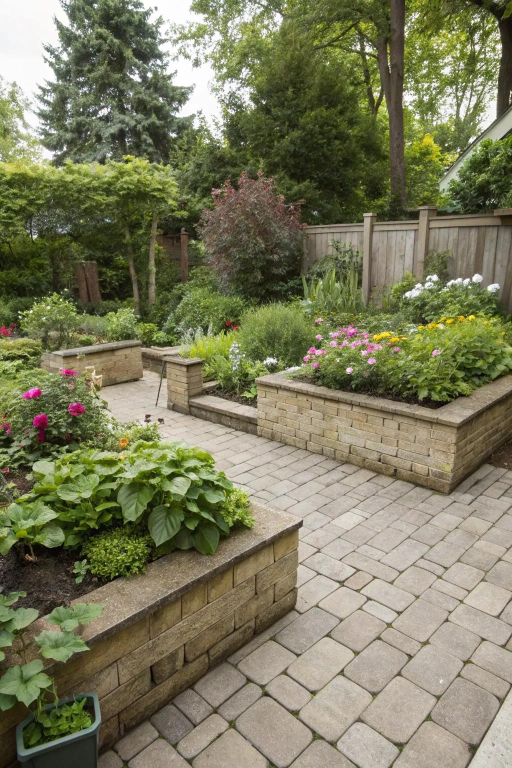 A paver patio smoothly integrated with adjacent garden features, providing a smooth transition into nature.