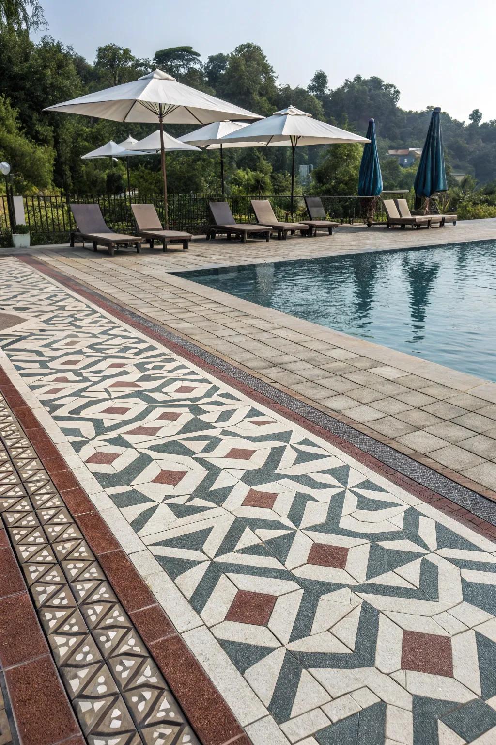 Angular patterned pavers bring a modern, artistic flair to this pool deck.