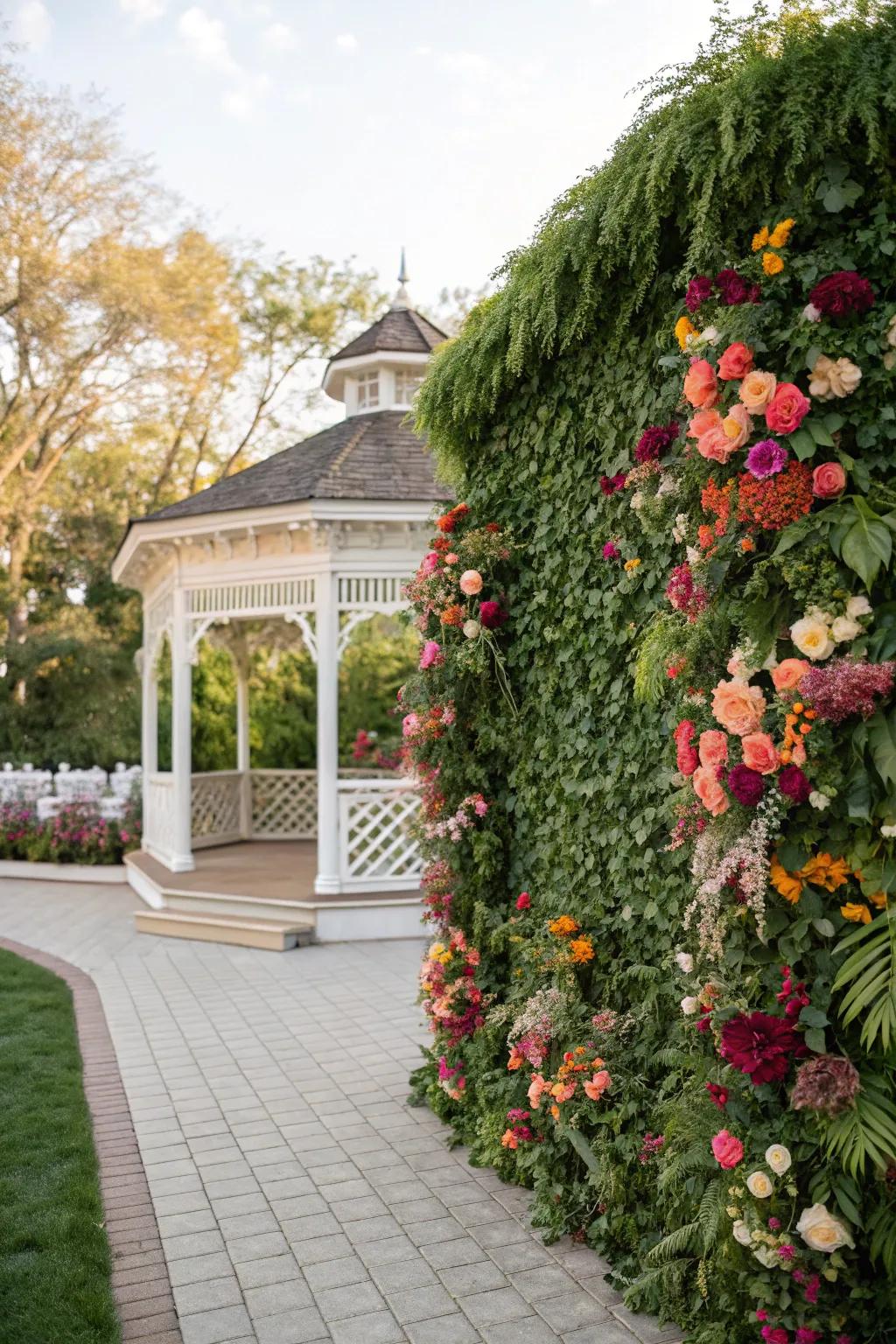 A lively botanical wall acts as a breathtaking wedding background.