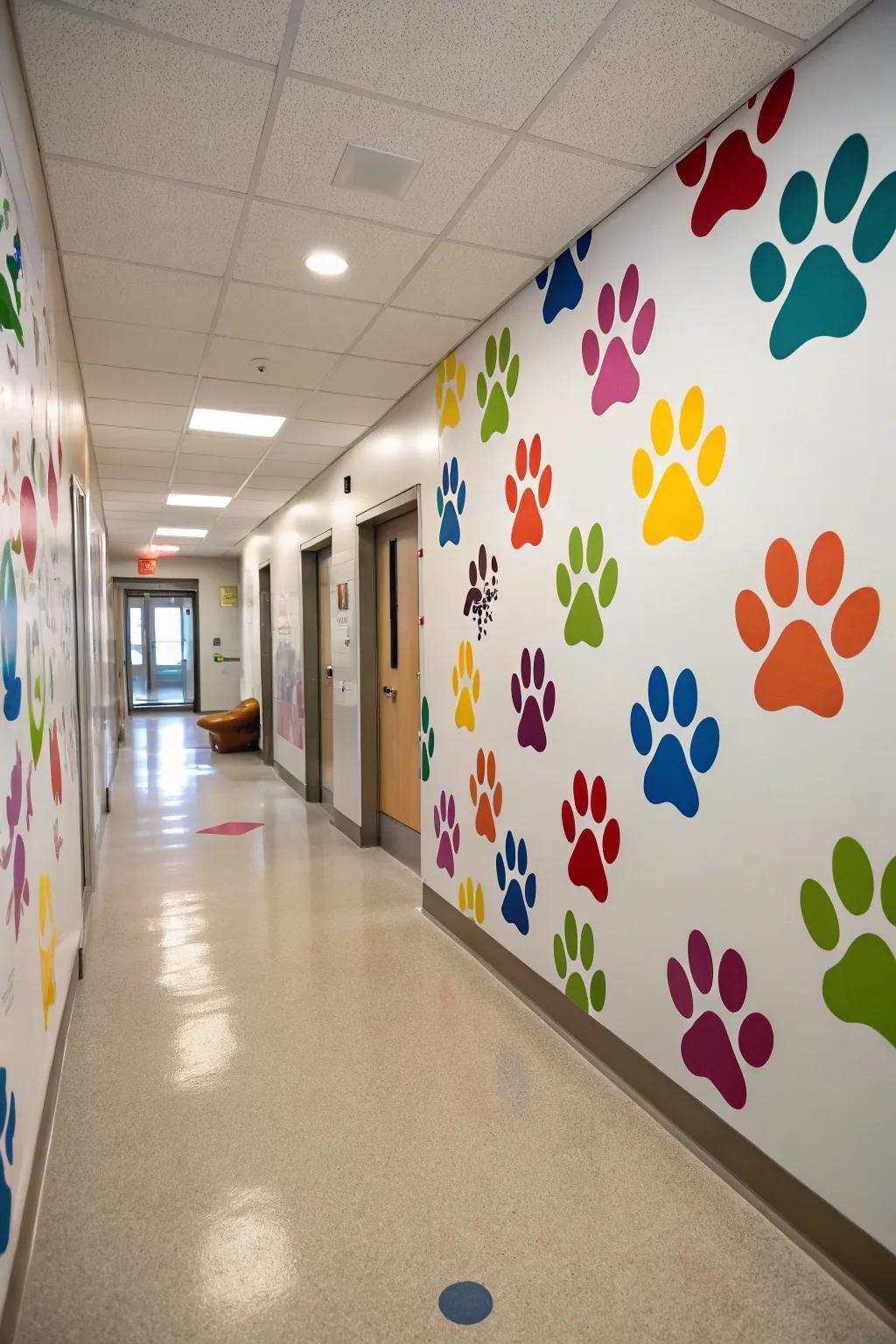 Vibrant paw print stickers brightening up a hallway.