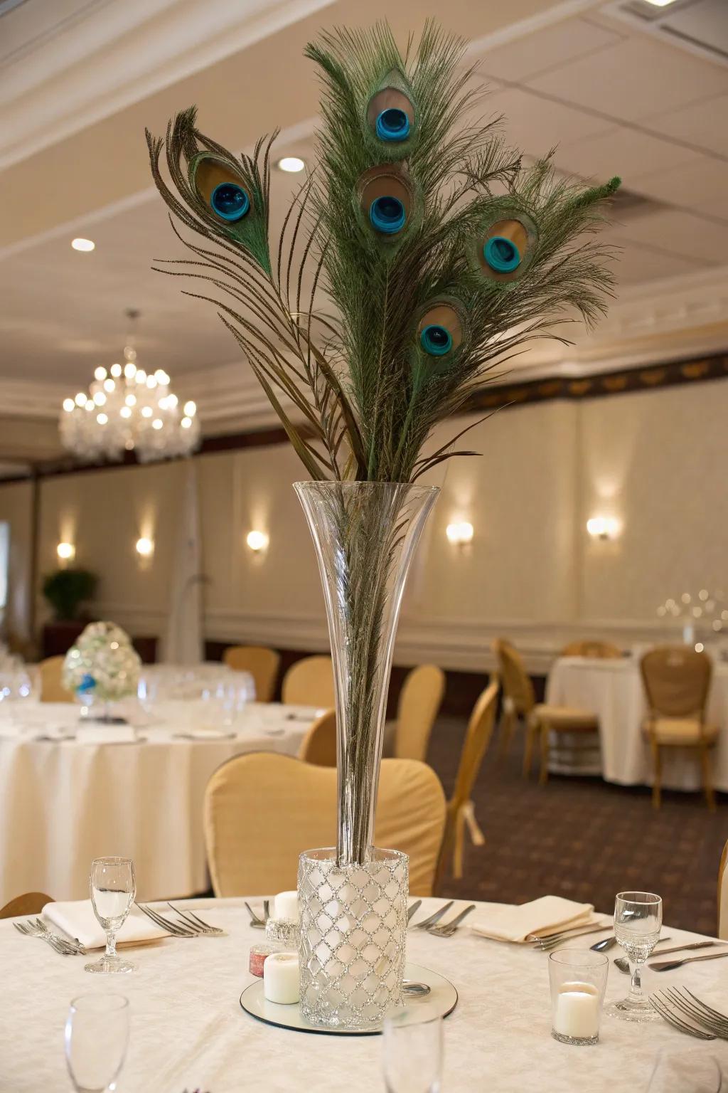 A soaring and dramatic centerpiece showcasing peacock plumes.