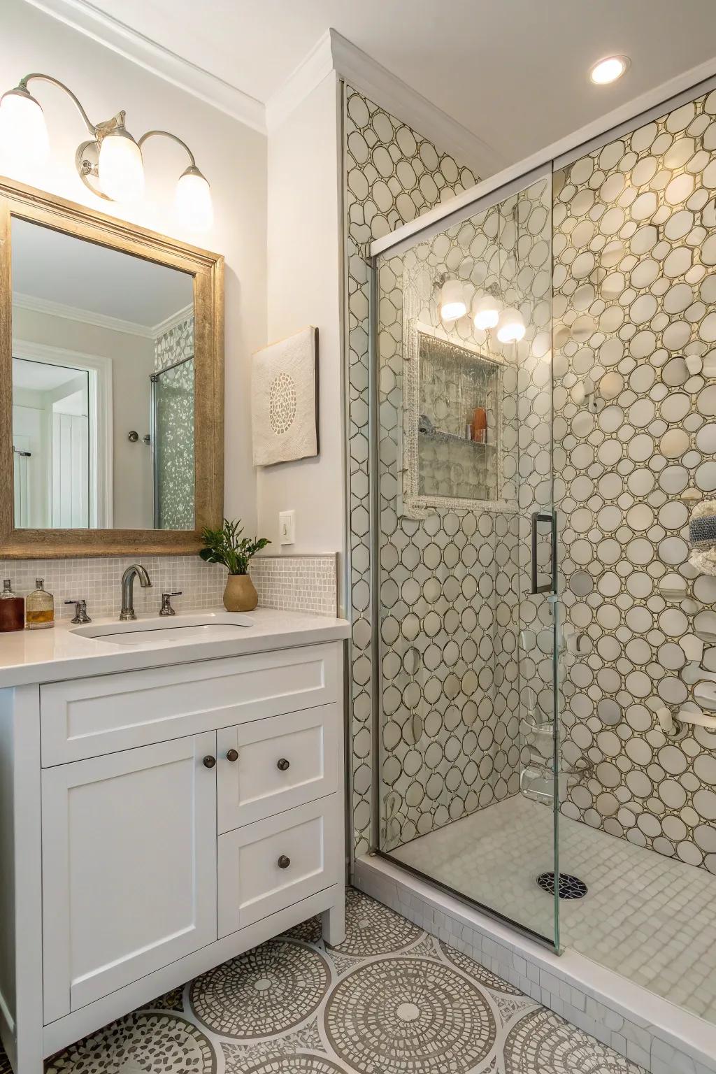 A stunning penny tile accent wall that adds depth and texture.