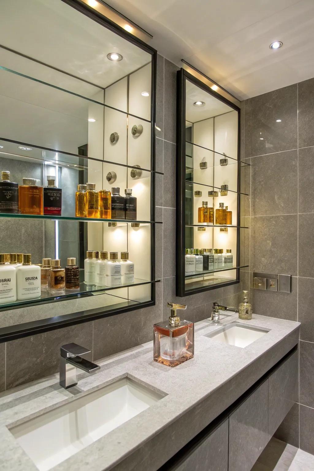 Mirrored shelves offering a chic and reflective display for your perfume collection.