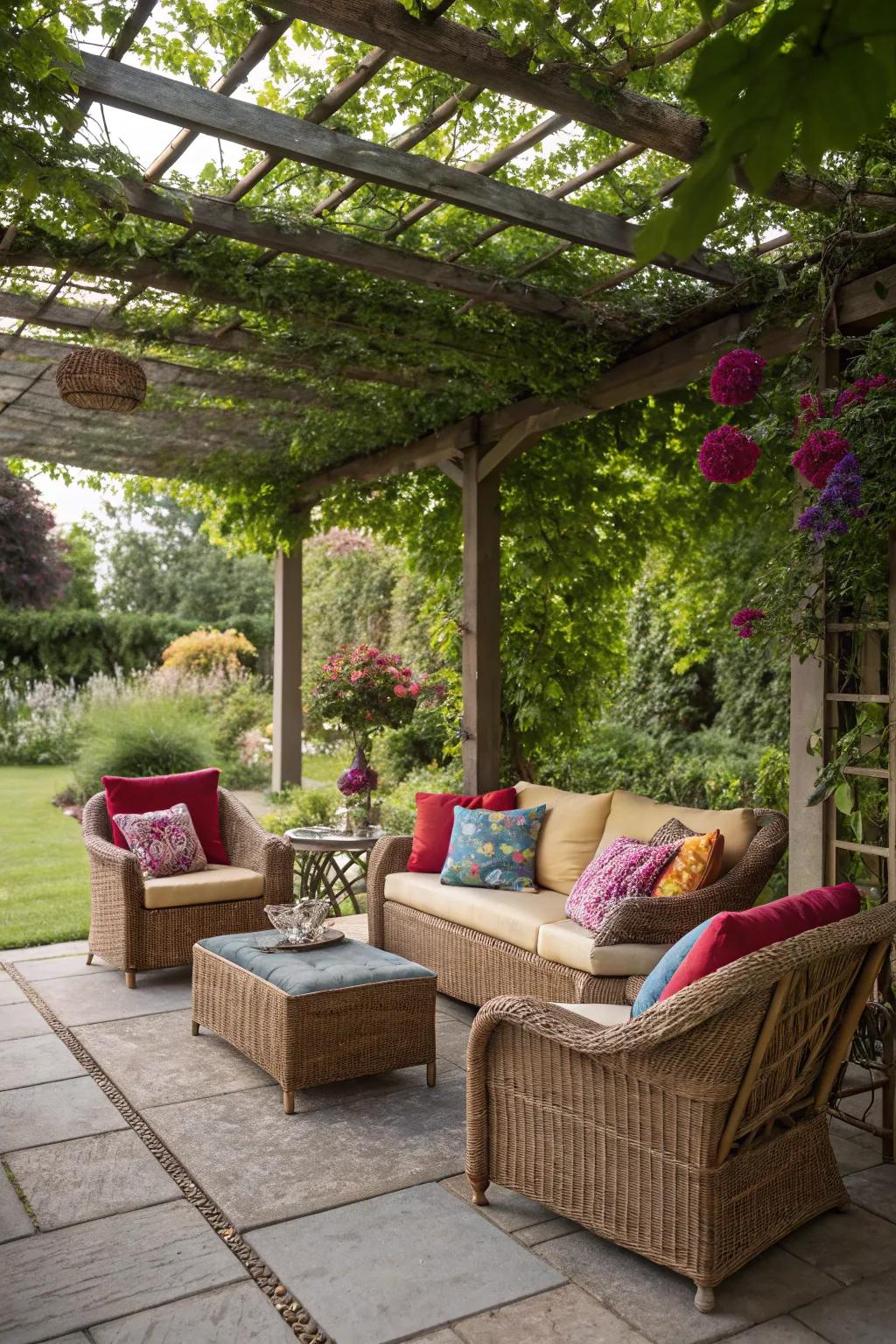 Comfy seating turns your pergola into an attractive spot to relax.