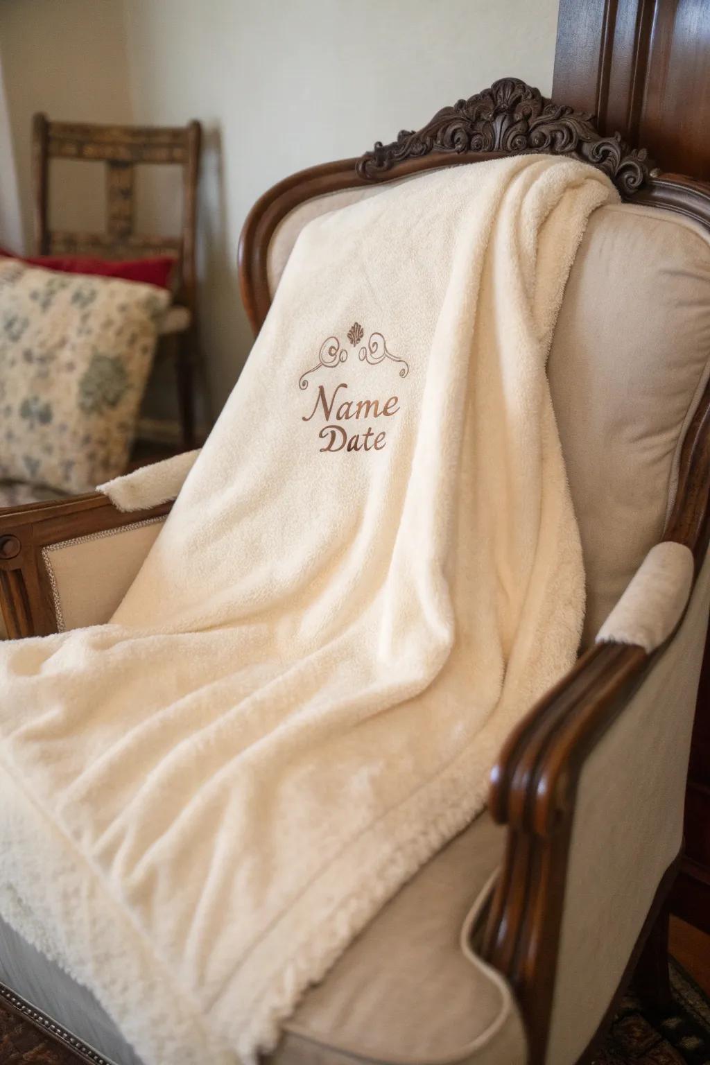 A gentle throw featuring elegant name and date needlework, ideal for commemorating notable events.