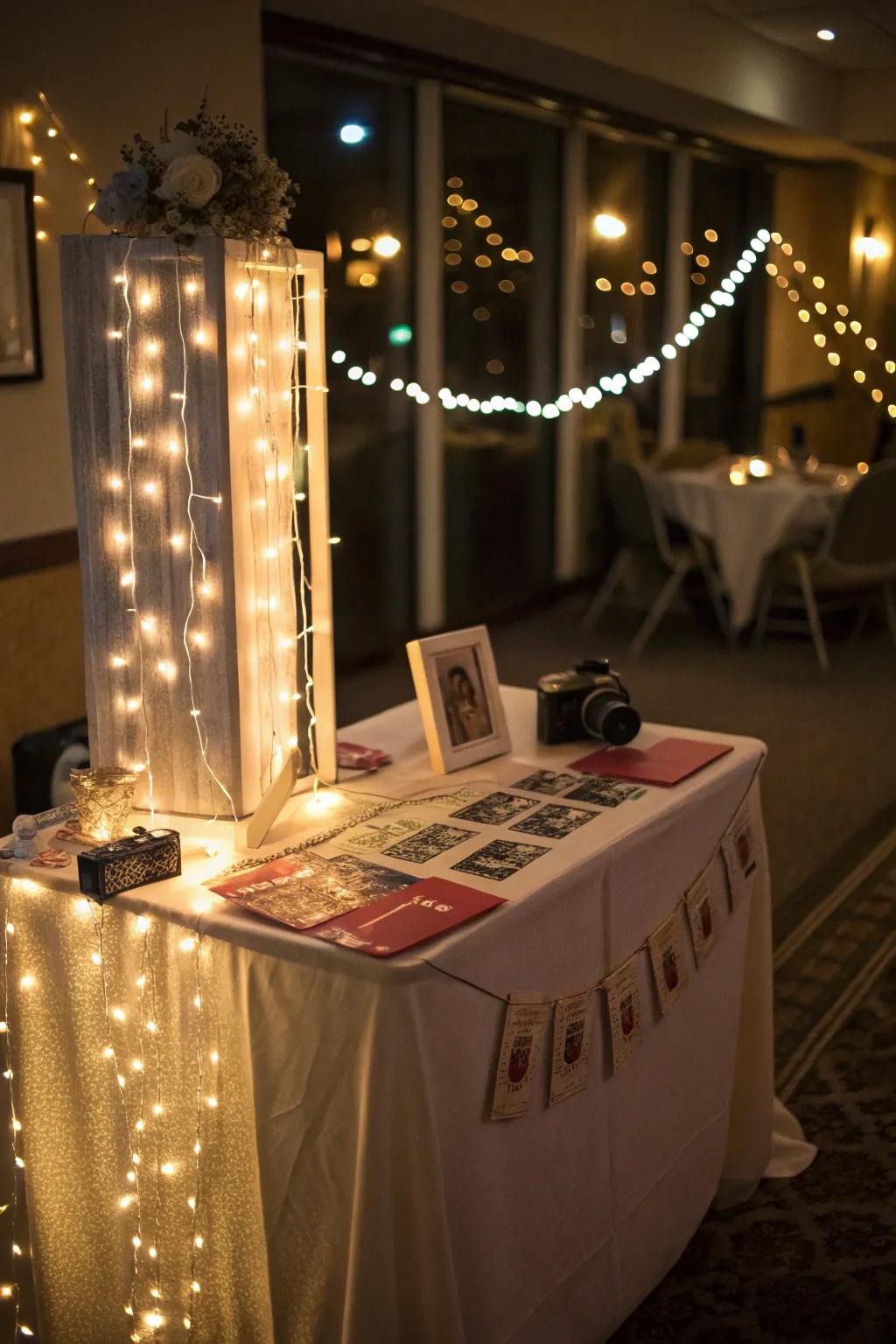 Delicate lights introduce a magical element to your photo booth arrangement.
