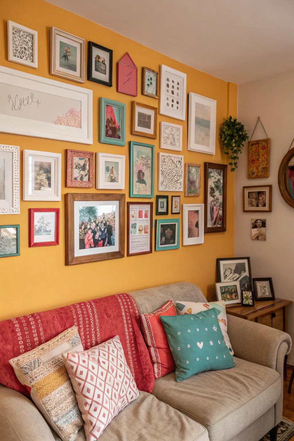 An eclectic mix of frames adds personality and charm to this cozy living area.