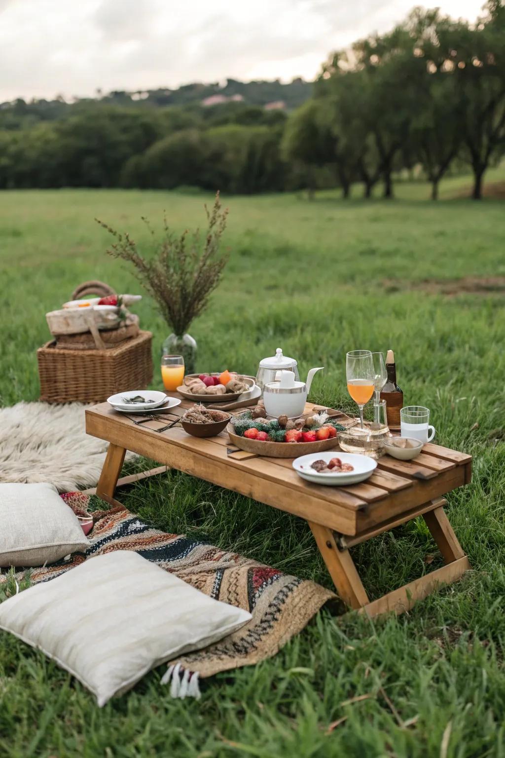 A compact timber table provides an excellent surface for picnic delights.
