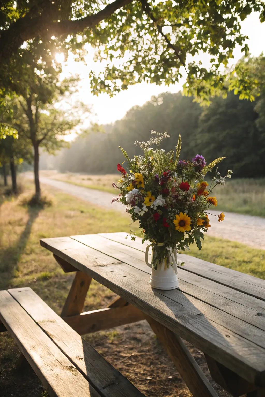 Wildflowers in a rustic vase create a charming centerpiece for this picnic table.