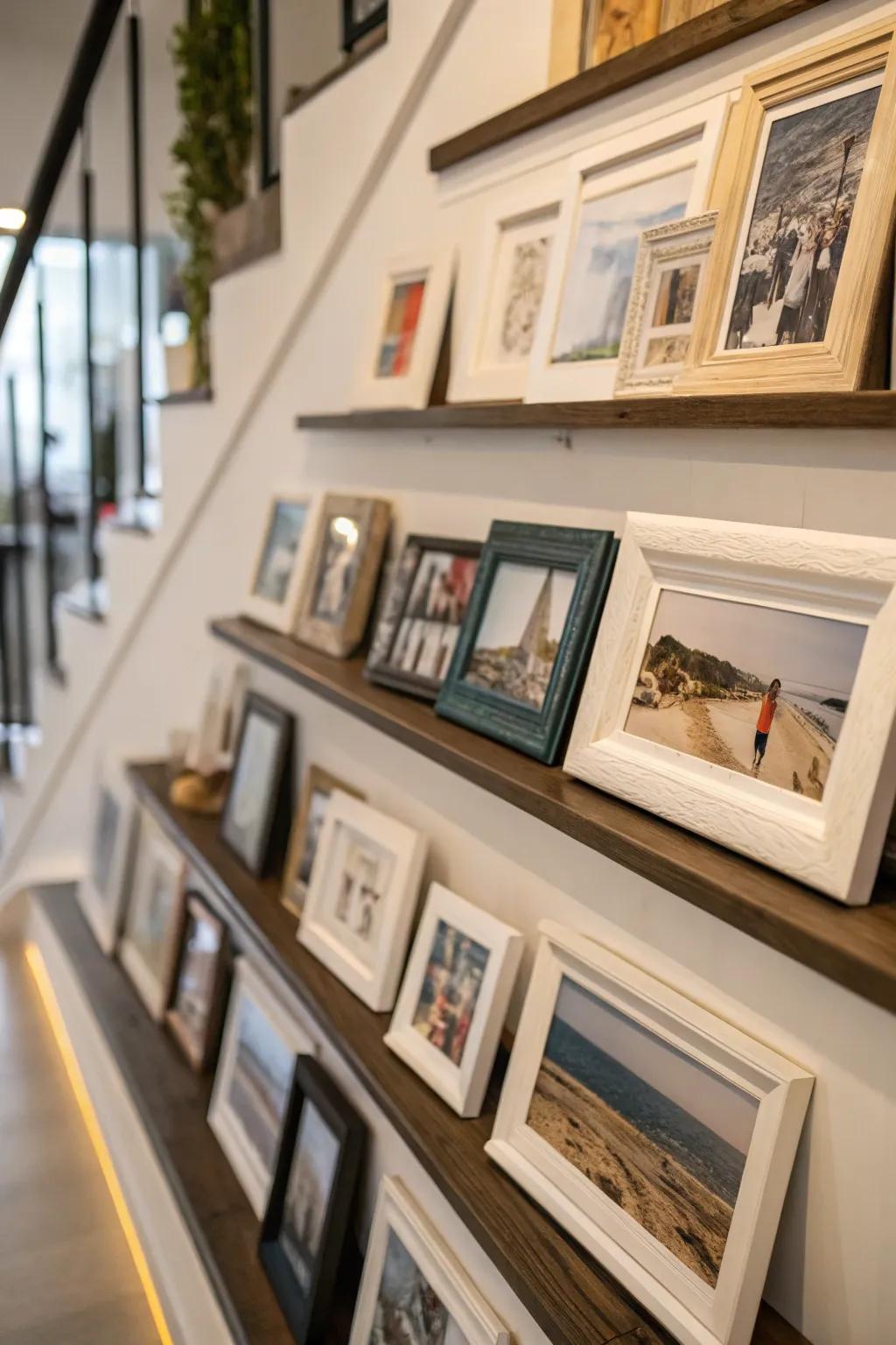 Layered frames presented on a picture ledge enhance depth and captivation.