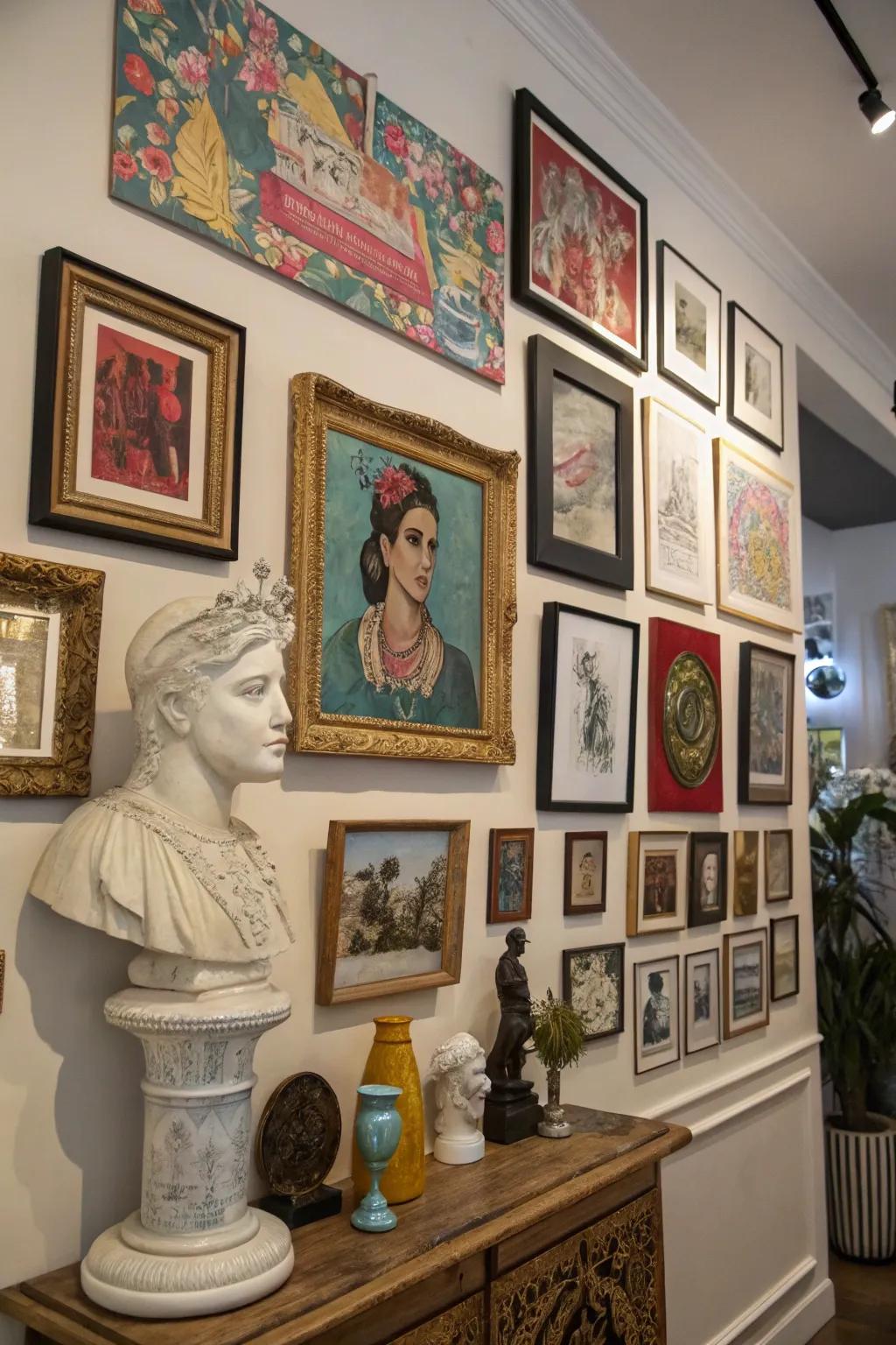 A mix-and-match gallery wall showcasing diverse artistic expressions.