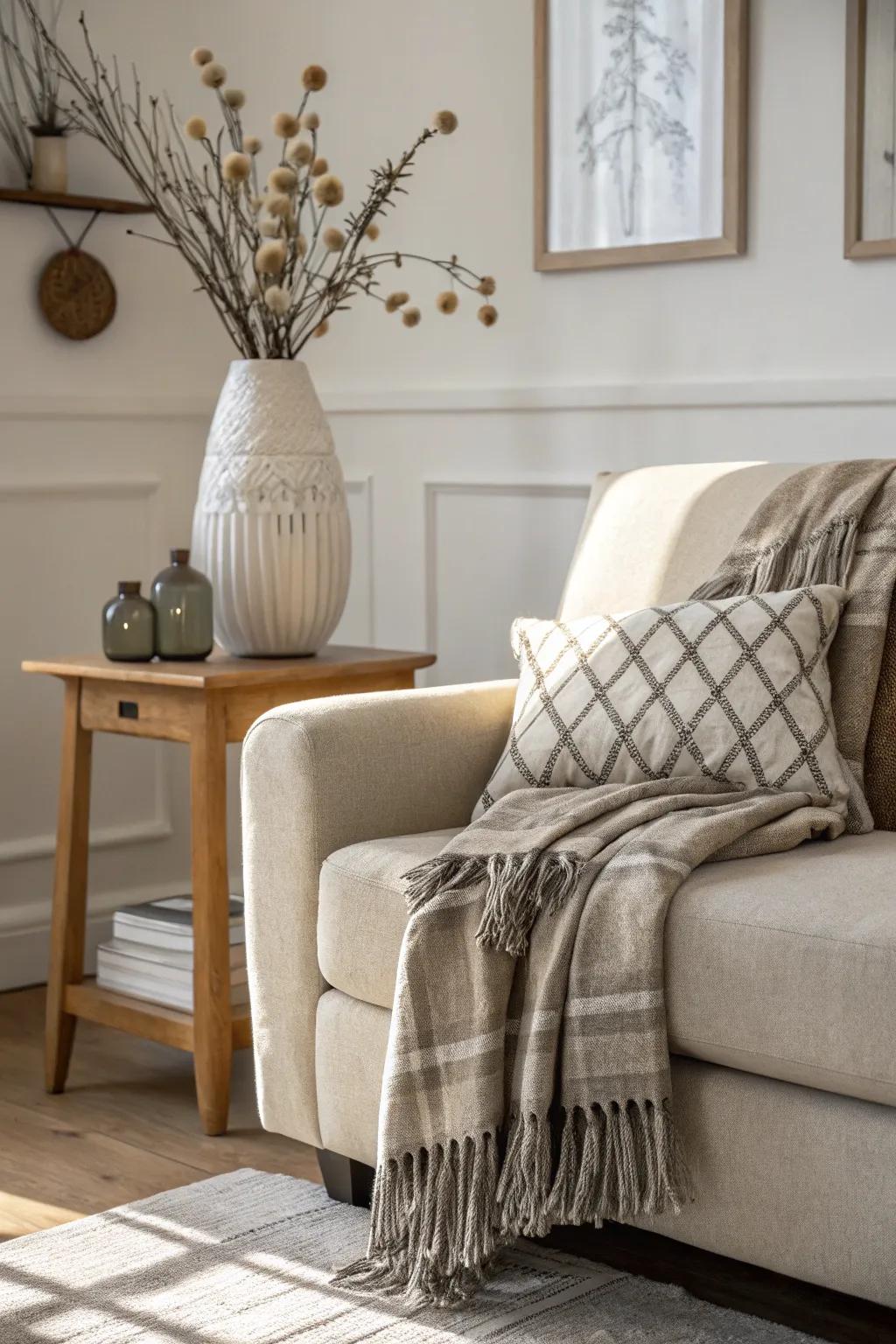 A perfectly folded couch cover over the armrest of a couch, resulting in a structured visual.