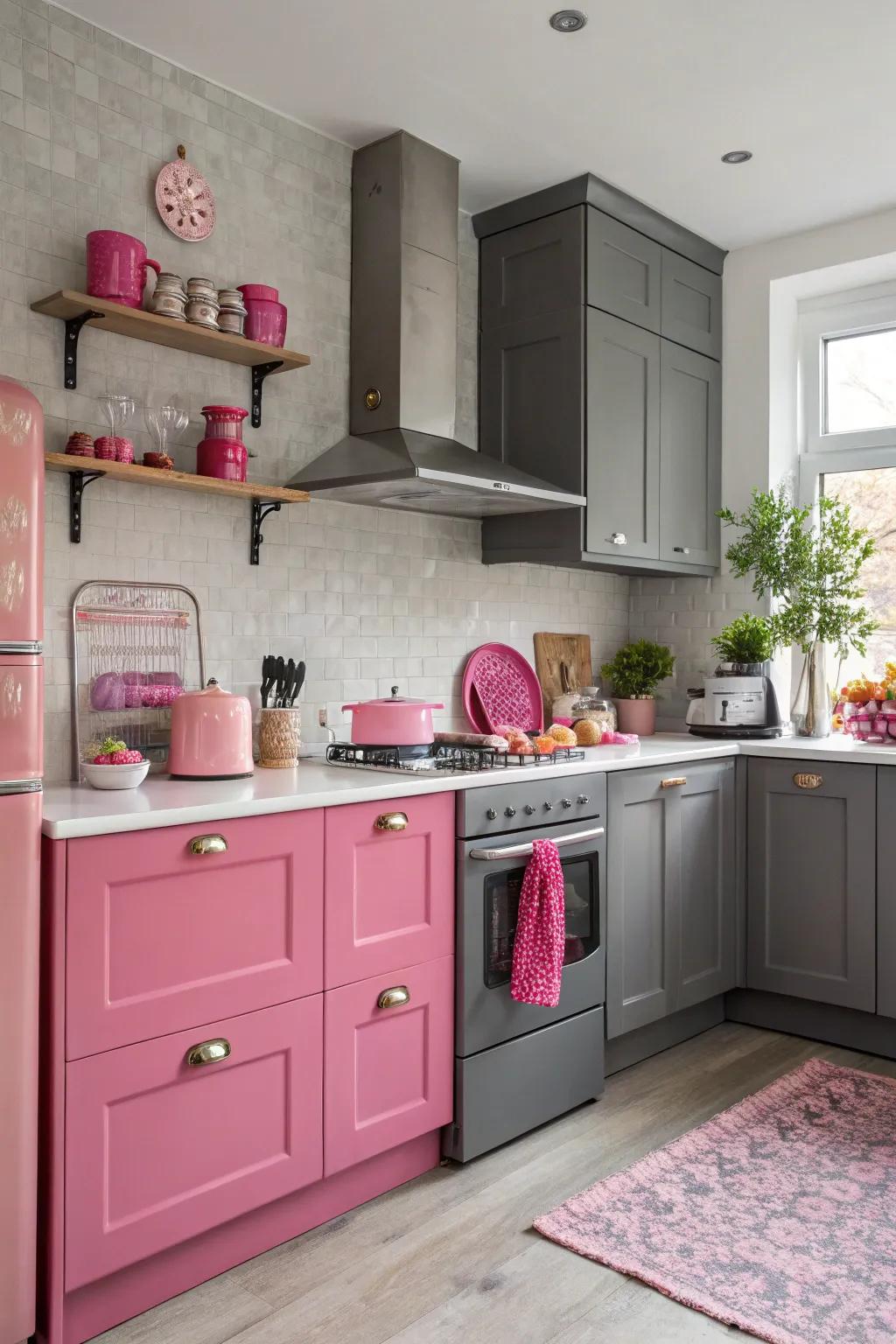 Eye-catching, vivid pink highlights in a grey kitchen setting.