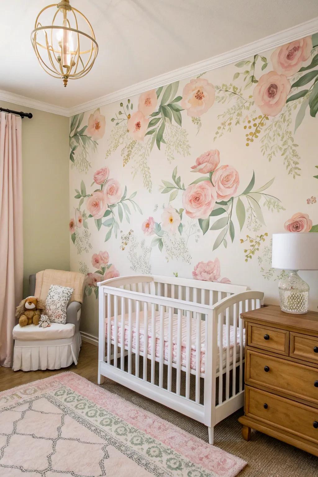 A botanical highlight wall incorporates an appealing touch to the nursery decor.