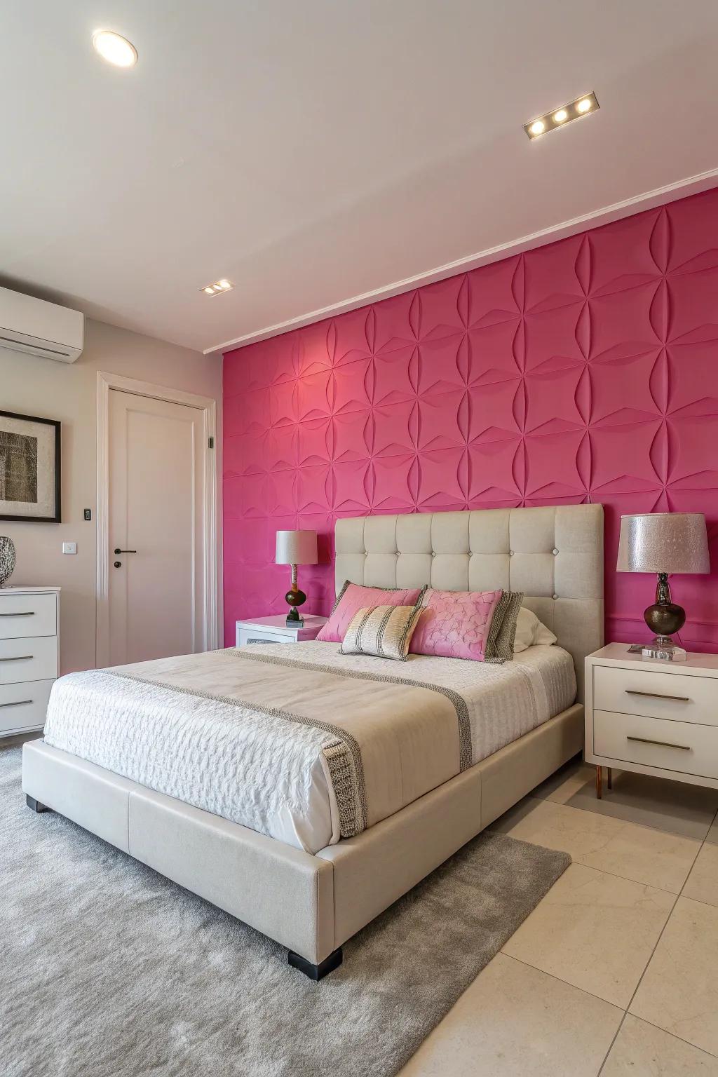 A radiant rose feature wall enhances the contemporary design of this boudoir.