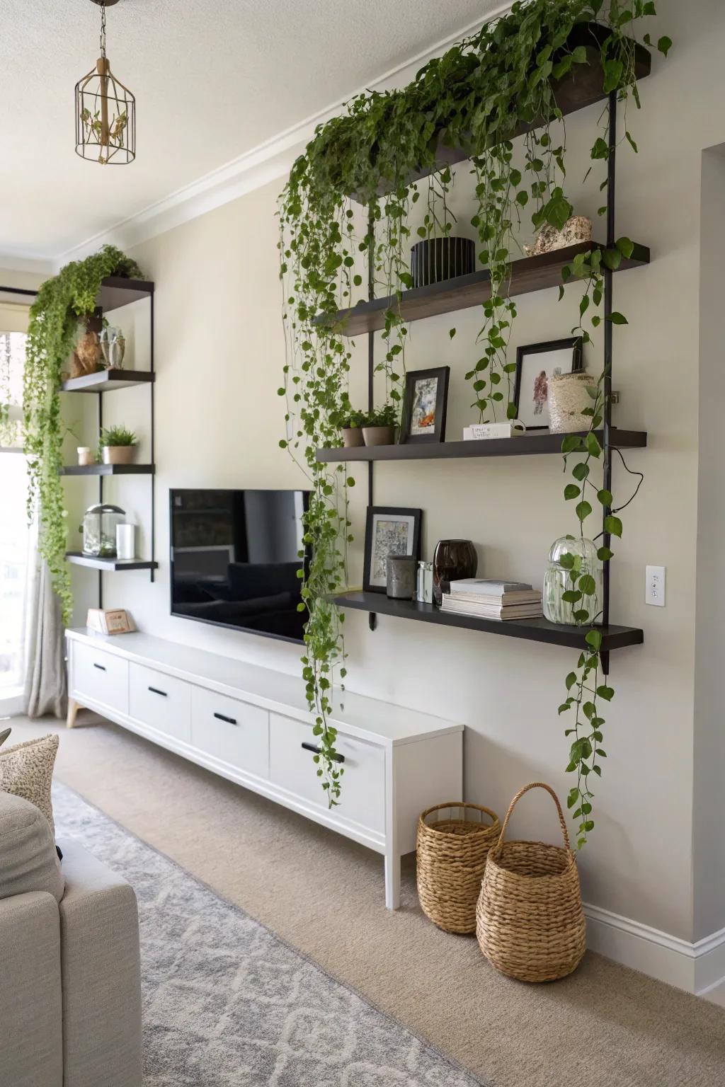 Achieve a minimalist look with hanging plant shelves.