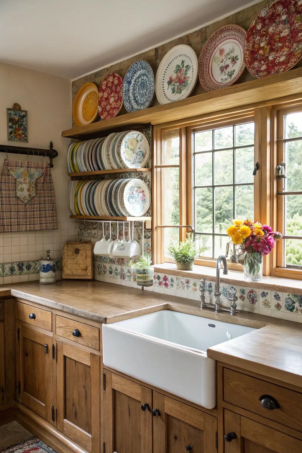 A captivating kitchen featuring an efficient plate rail exhibition