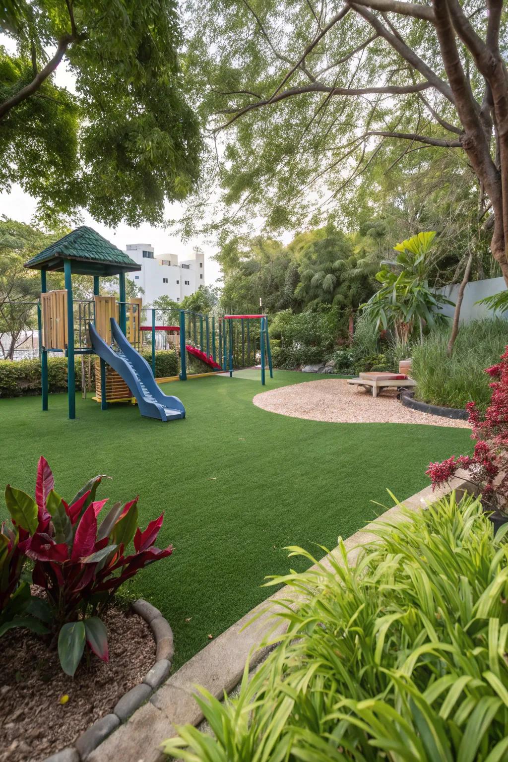 Man-made turf gives a rich, care-free ground covering for the playground.