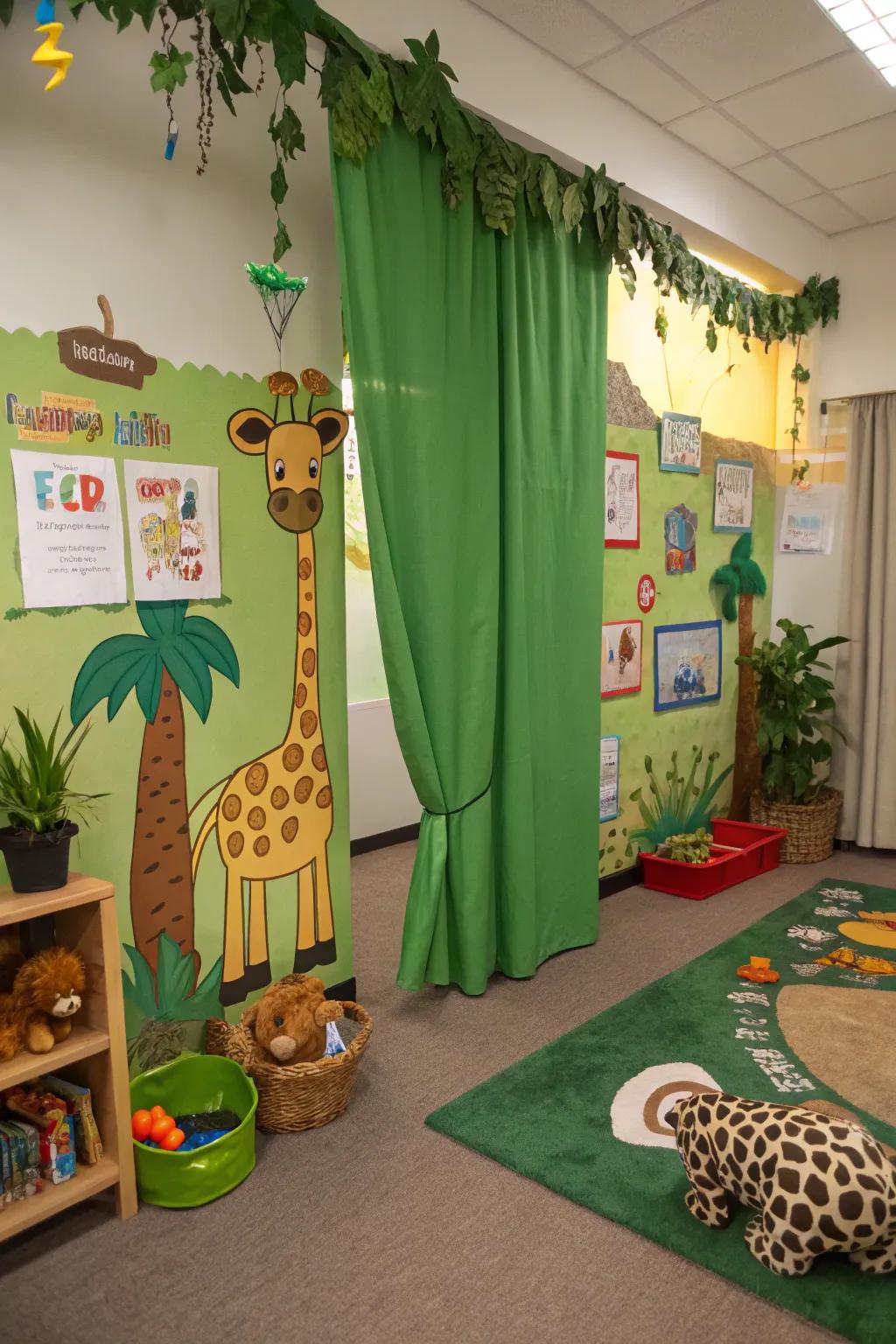 Theme-coordinated drapes complete the savanna impression.