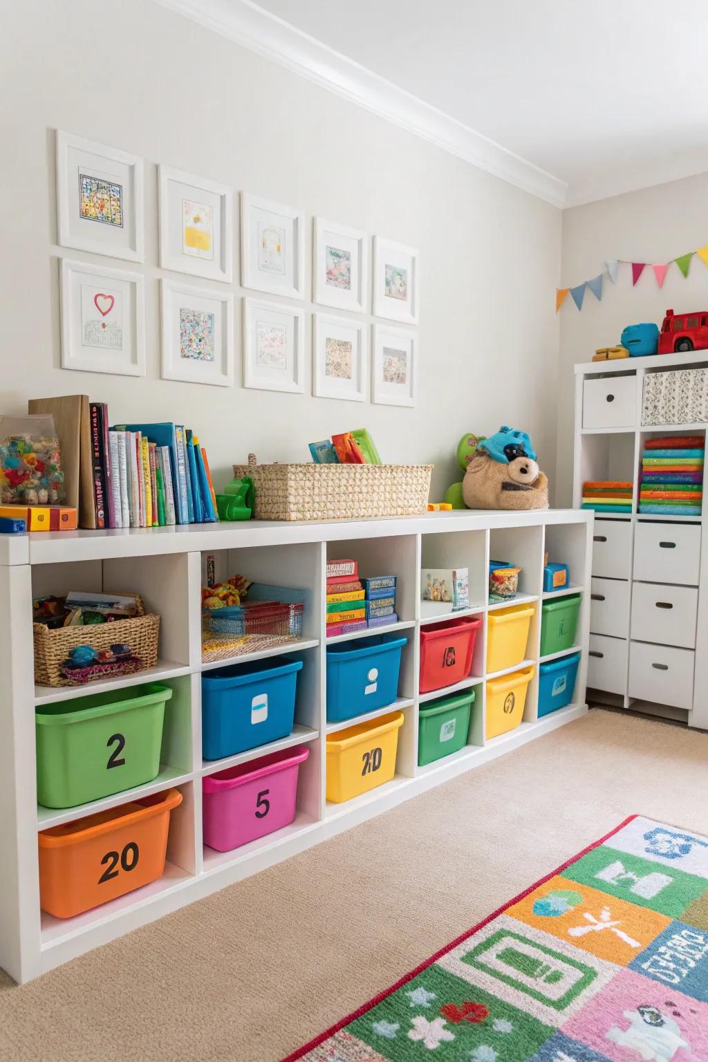 Playroom with compartments and vibrant containers, rendering toy layout straightforward.