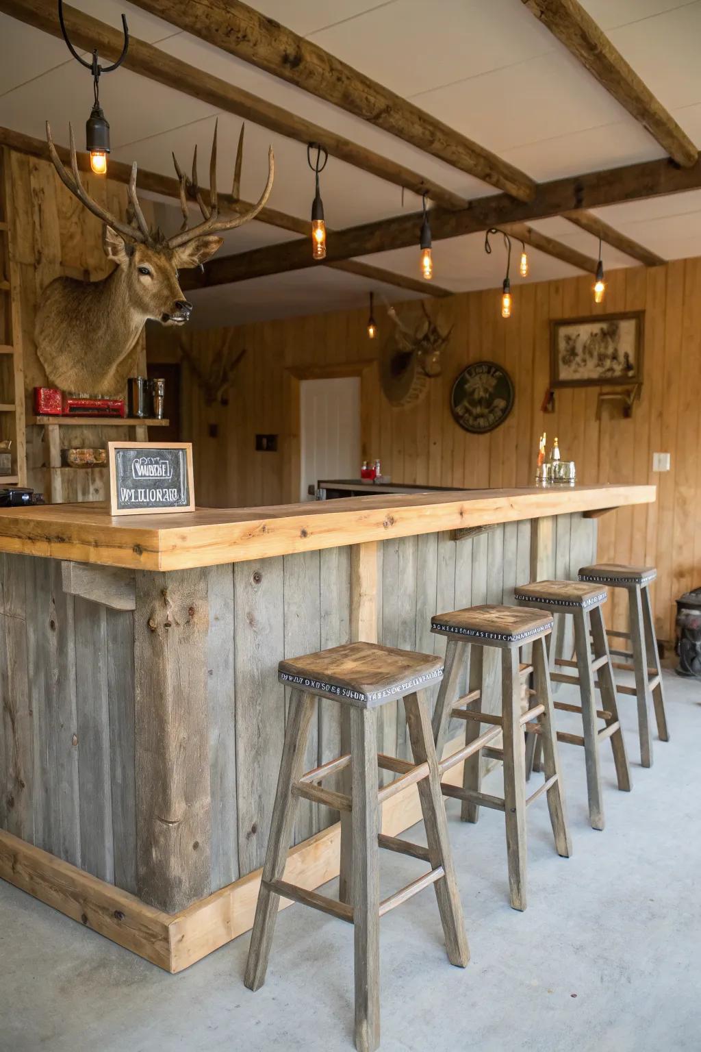 A rustic bar design incorporates both style and functionality to your man cave.