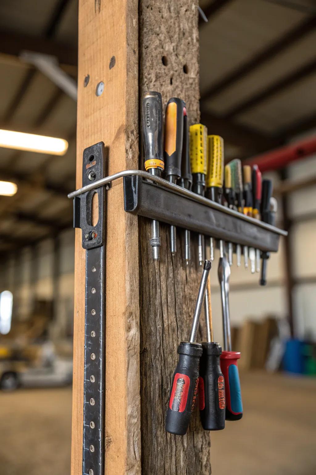 A magnetic bar makes tool storage simple and accessible.
