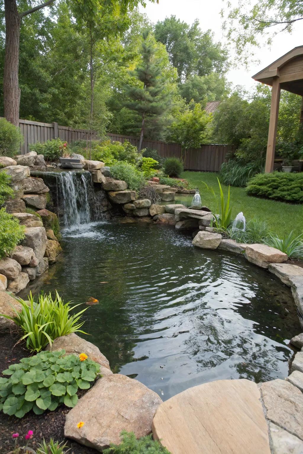 A tranquil backyard pond featuring a small waterfall flowing into it.
