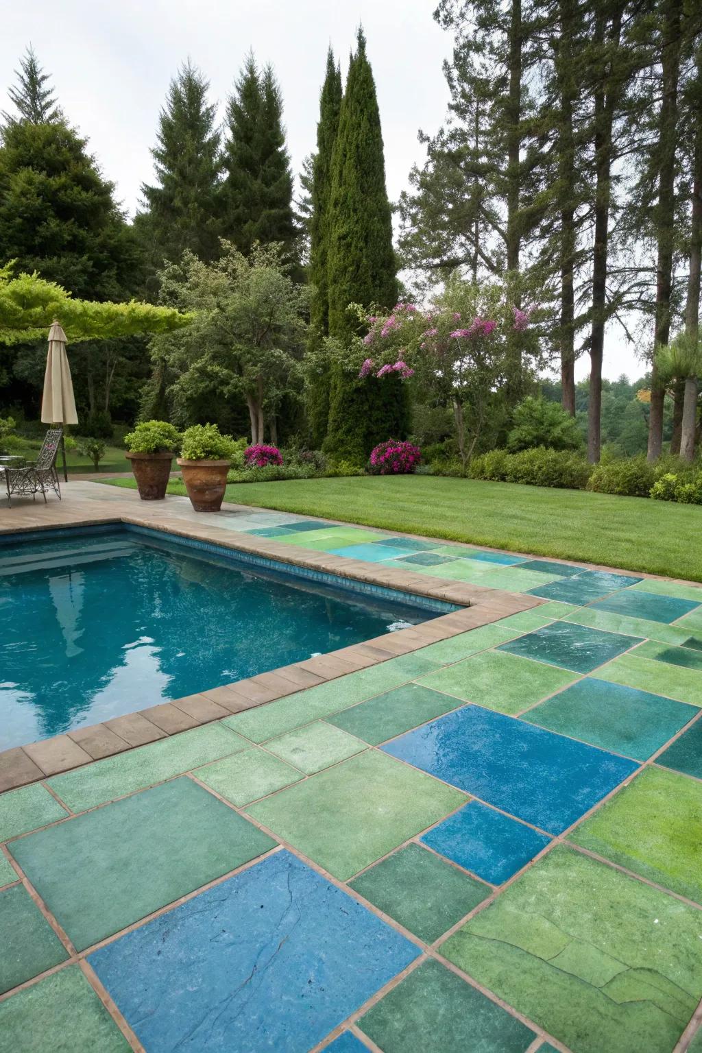 Colored concrete brings a lively touch to the poolside environment.