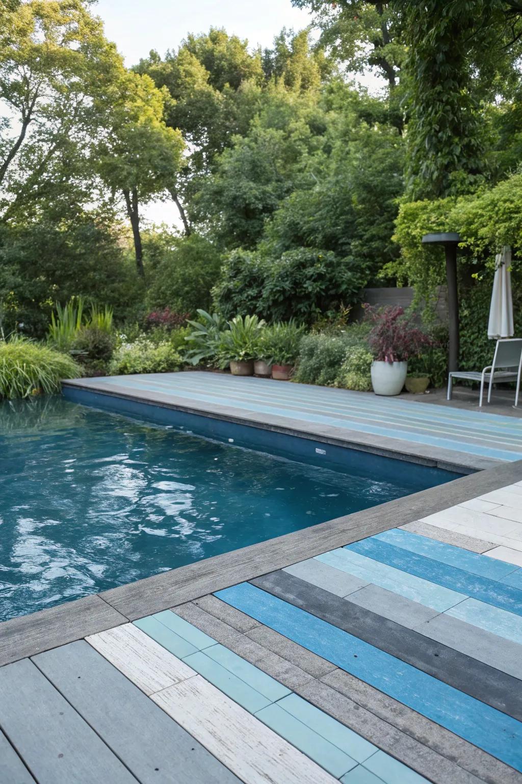 Cool blues and grays for a peaceful poolside escape.