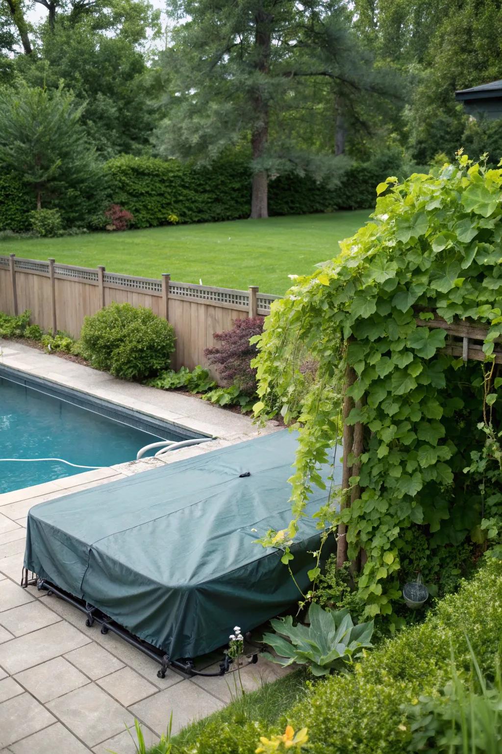 Plants work to make pool equipment blend into the surrounding greenery.