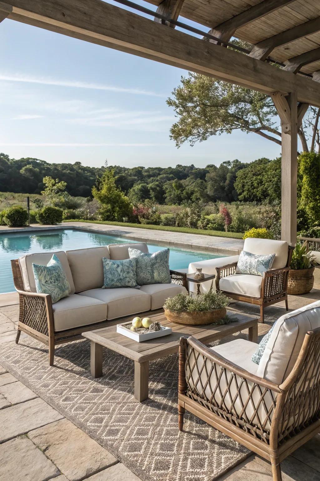 An outdoor living space transforms your poolside into an inviting social hub.