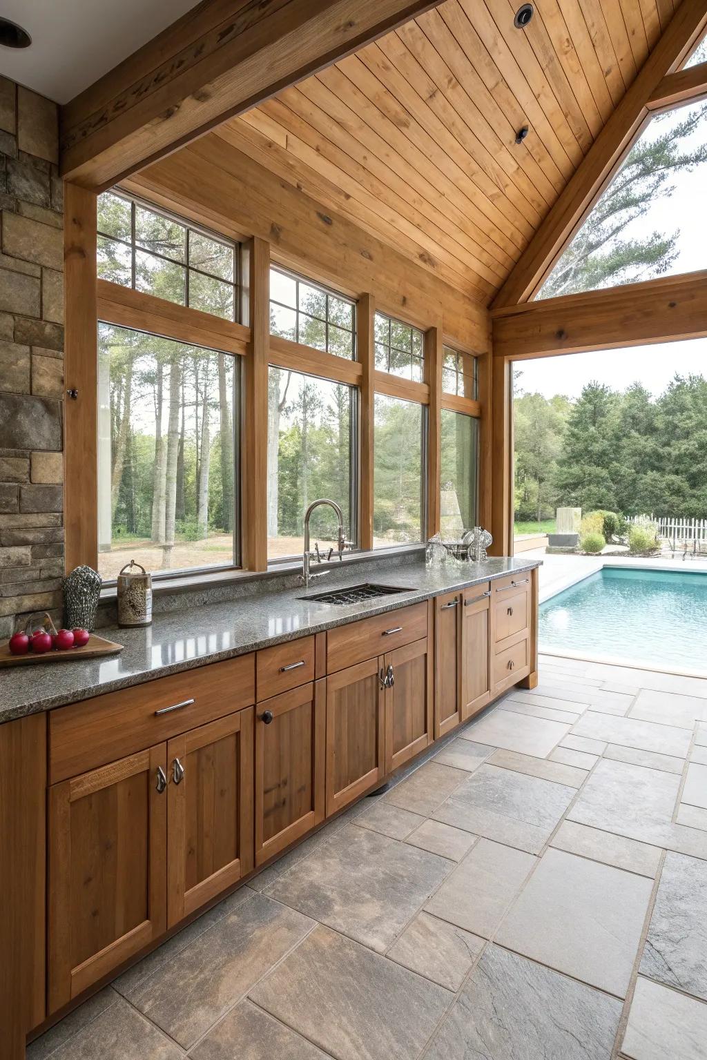Organic components bring a sense of warmth to a pool house cooking area.