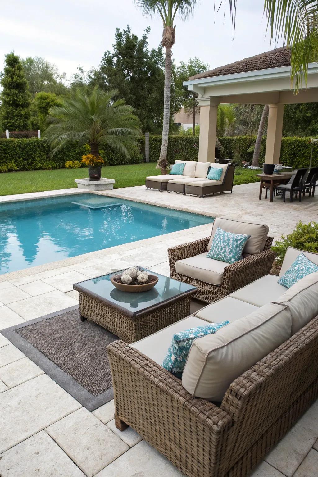 A cozy poolside lounge area with comfortable seating.