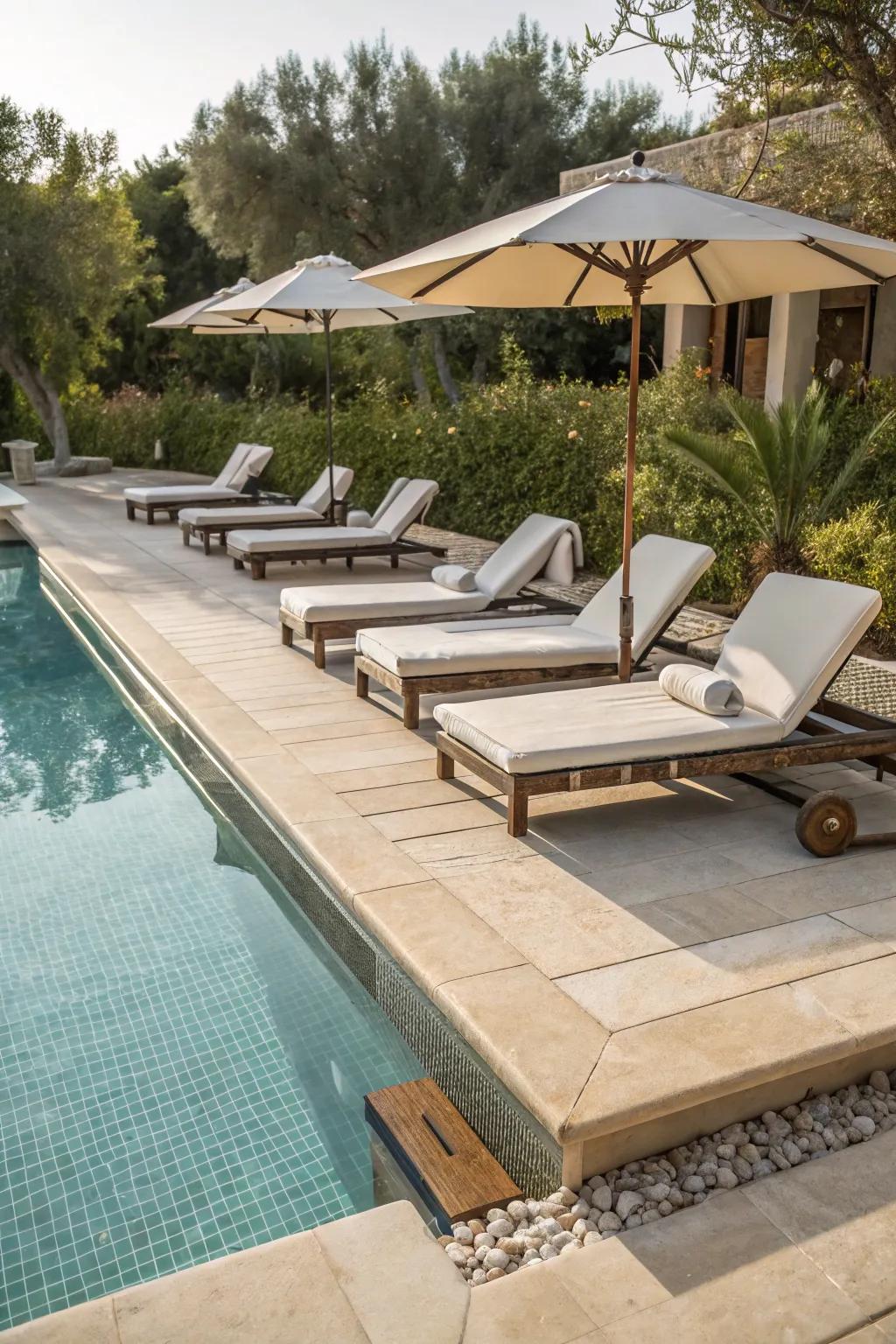 A pool showcasing a sunbathing shelf complete with sun loungers.