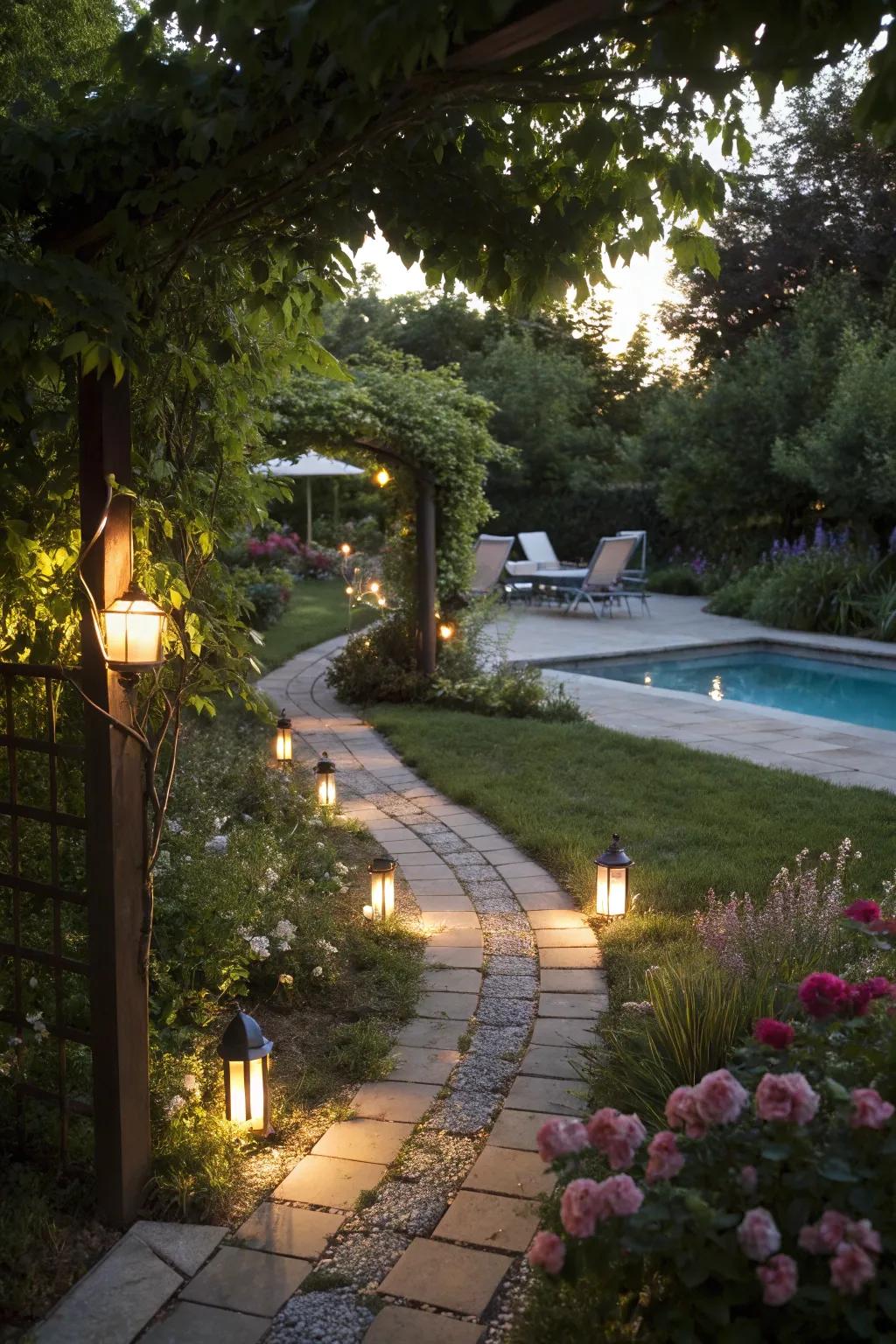 Path lights guide you safely to your pool oasis.