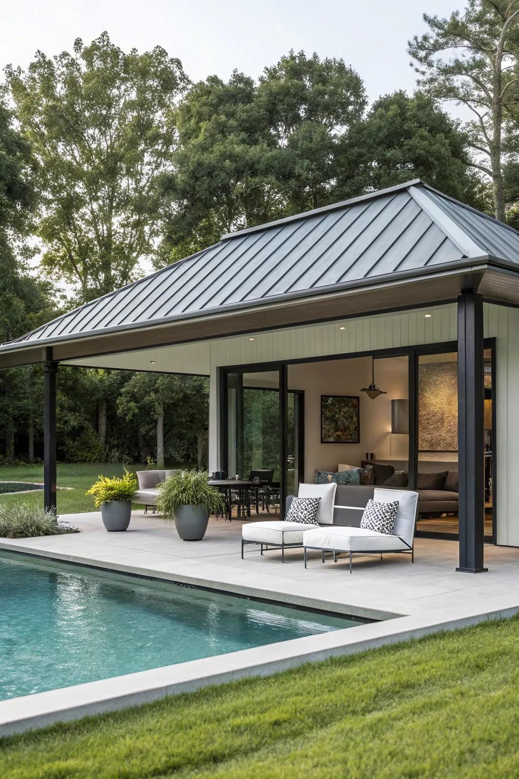 Modern pavilions with metal roofing add a contemporary touch to any poolside.
