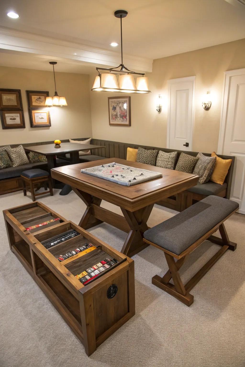 Multi-functional furniture brings practicality and flair to a small pool table room.