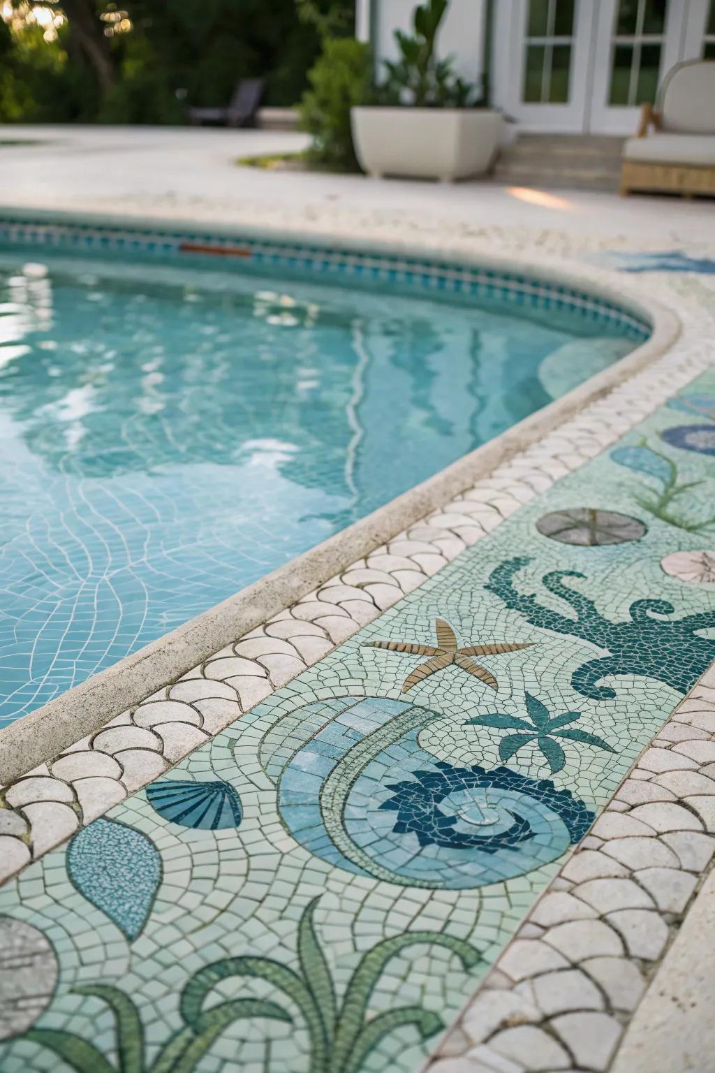 Mosaic tiles add a touch of magic with their intricate, ocean-inspired designs.