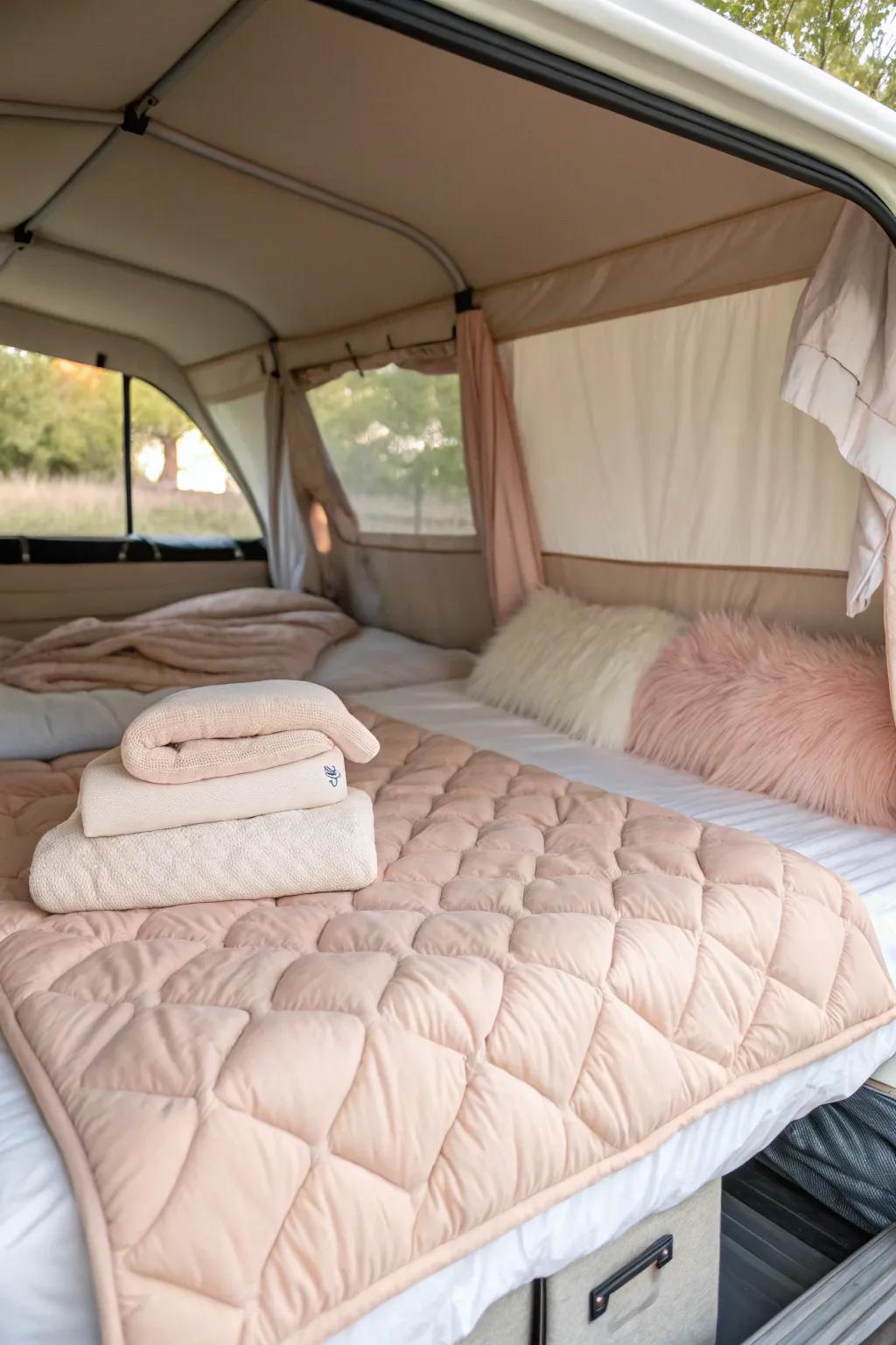 Layered bedding transforms your camper's sleeping area into a cozy haven.
