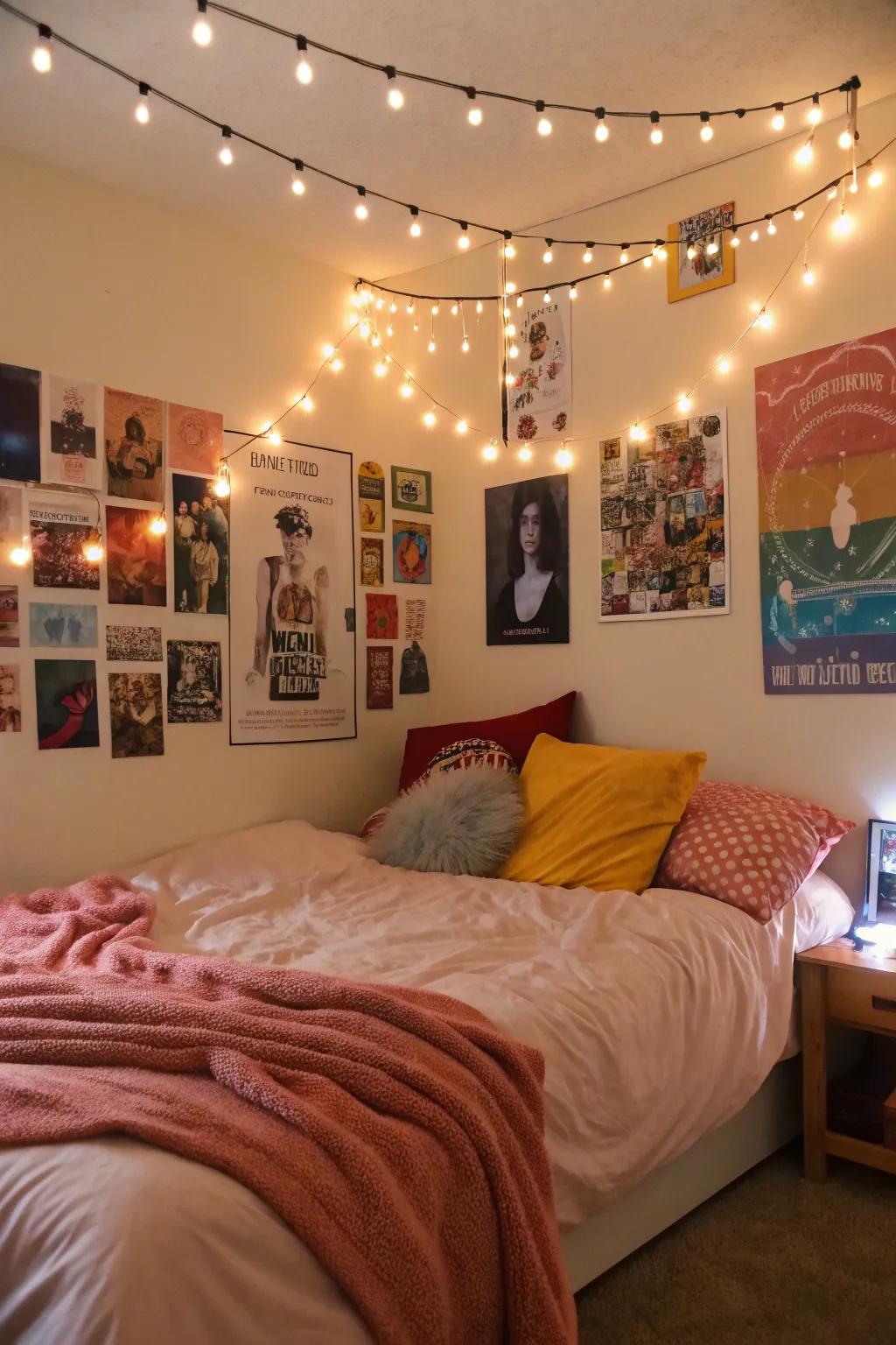 A bedroom with posters illuminated by string lights.