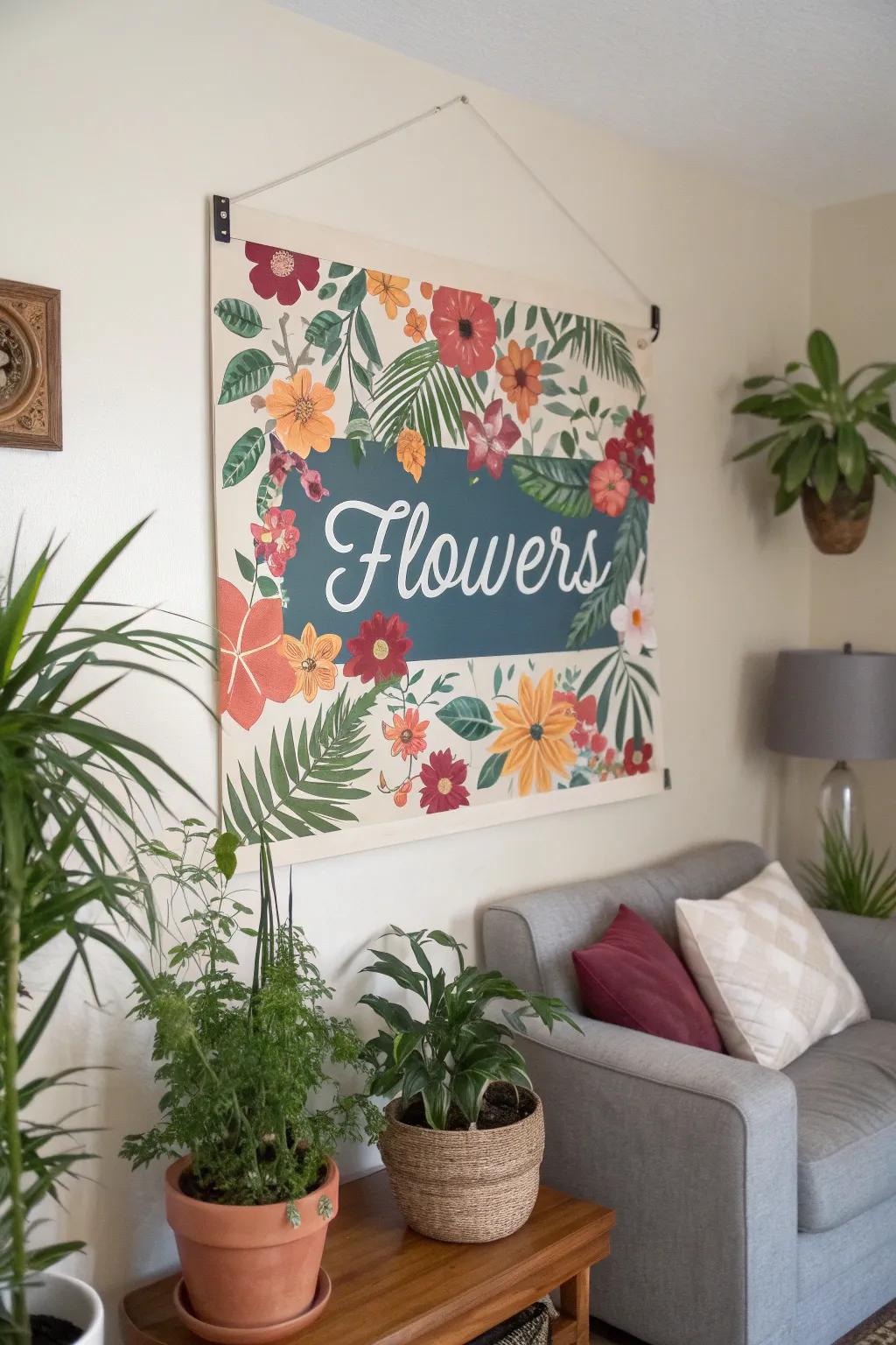 A botanical-inspired name poster bestowing natural sophistication to a living room.